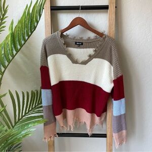 Blue B Boutique Distressed Hem Striped V-Neck Boho Cozy Knit Sweater